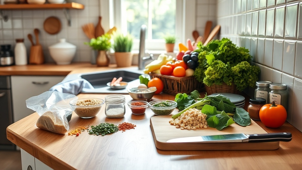 Bright kitchen with organized vegan meal prep ingredients on a wooden countertop