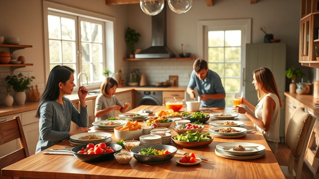 Family gathering in a kitchen preparing dinner together