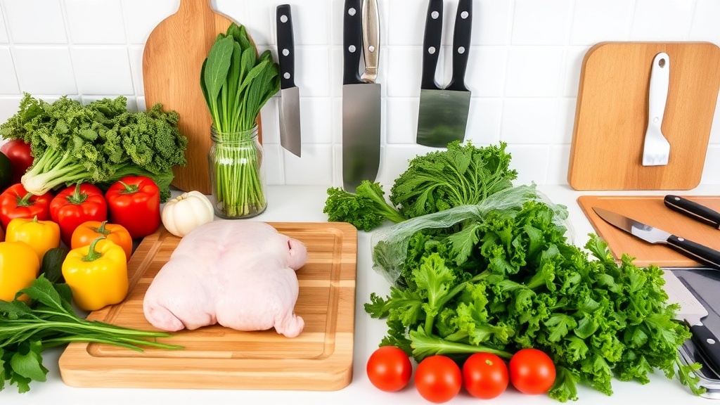 Organized kitchen countertop with fresh ingredients for meal prep