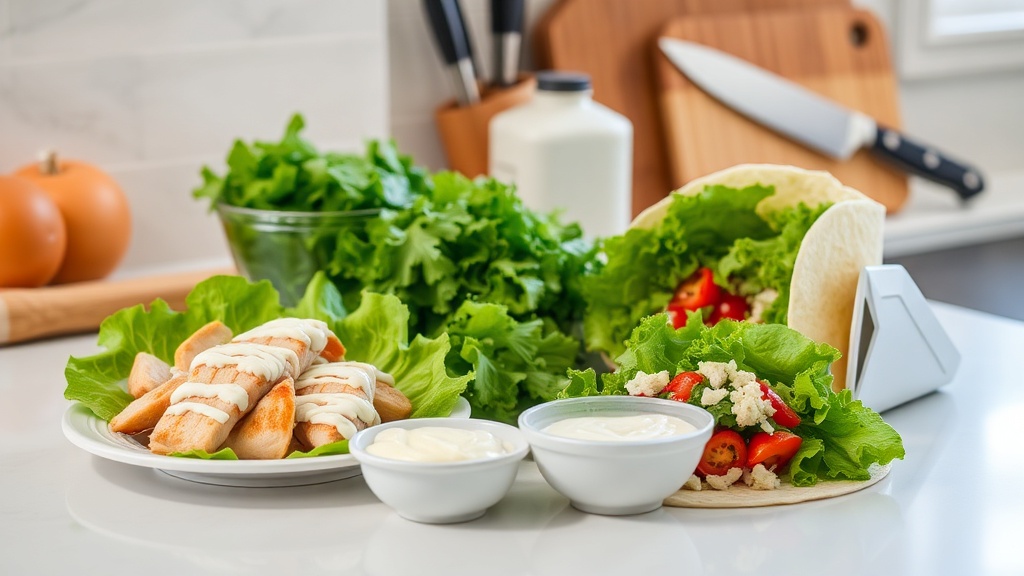 Organized kitchen countertop with ingredients for Chicken Caesar Wraps