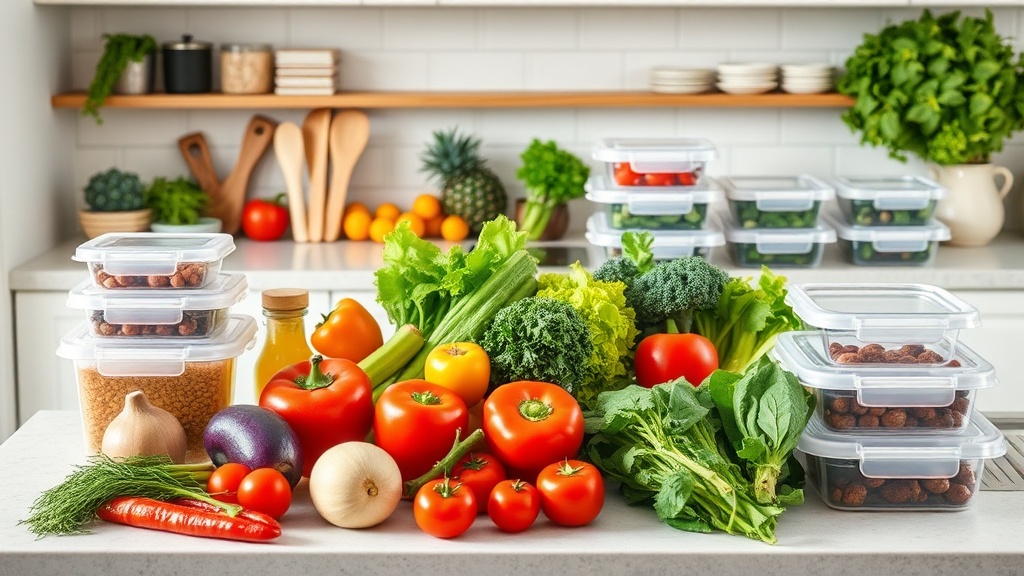 Organized kitchen countertop with fresh ingredients for meal prep
