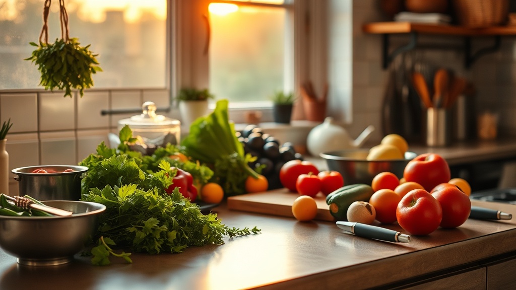 Cozy kitchen with fresh ingredients on a prep surface