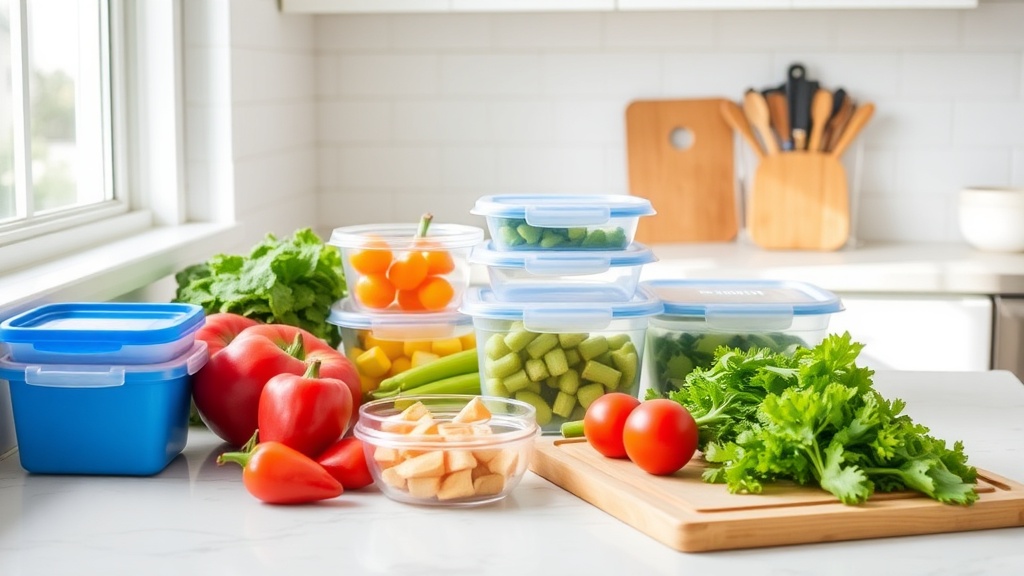 Organized kitchen countertop with fresh ingredients for meal prep