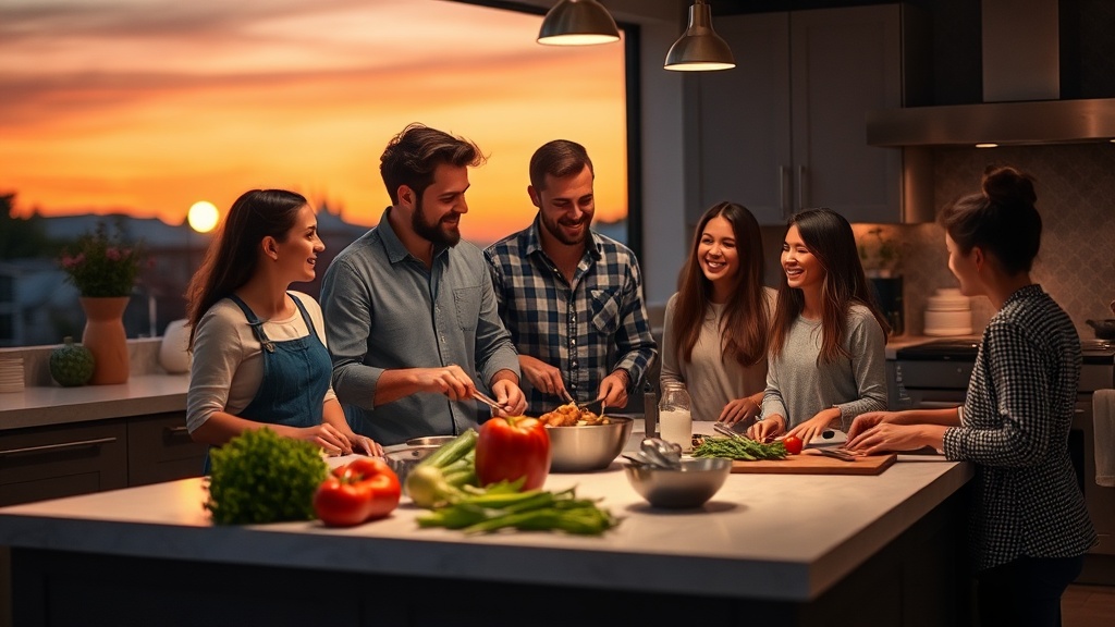 Family cooking together in a warm, inviting kitchen