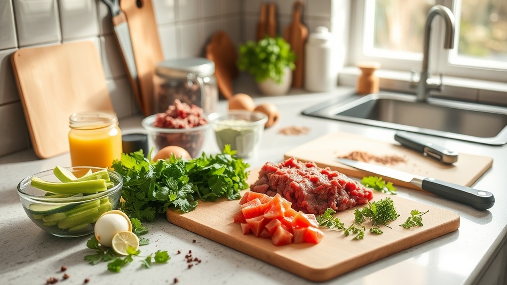 A kitchen countertop set up for meal prep with fresh ingredients and tools