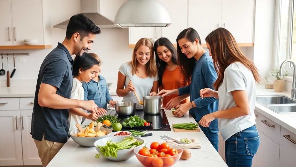 Family of five cooking together in a bright, organized kitchen