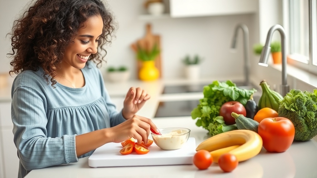 Parent happily preparing healthy baby food in a bright kitchen