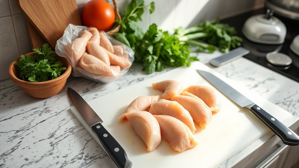Organized kitchen countertop with chicken tenderloins and meal prep tools