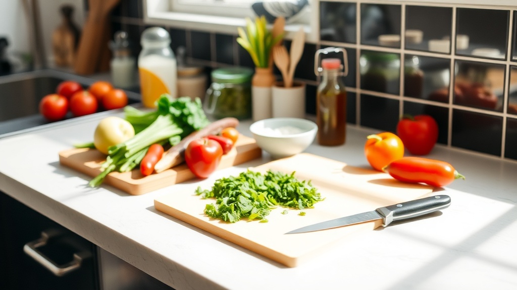 Organized kitchen countertop ready for meal prepping