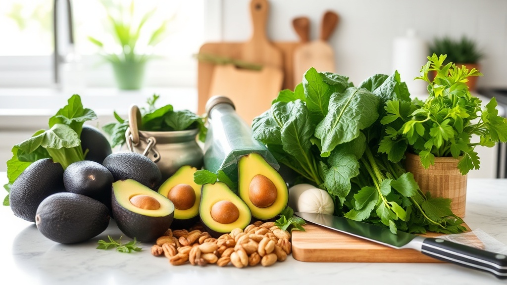 Organized kitchen countertop with keto ingredients and tools