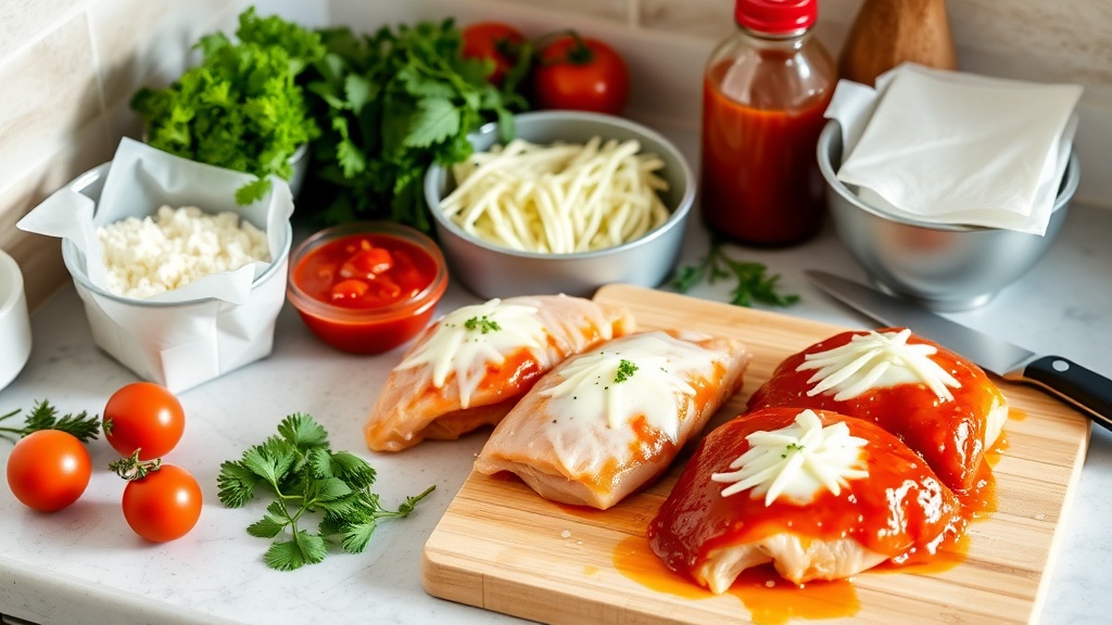 Organized kitchen countertop with ingredients for Chicken Parmesan