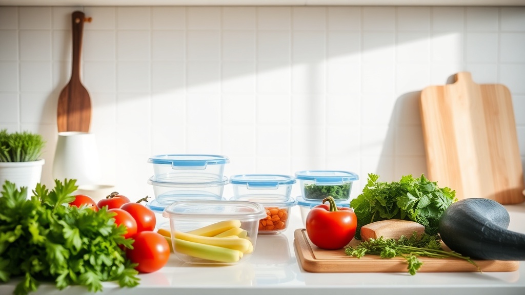 Organized kitchen countertop with fresh ingredients for meal prep