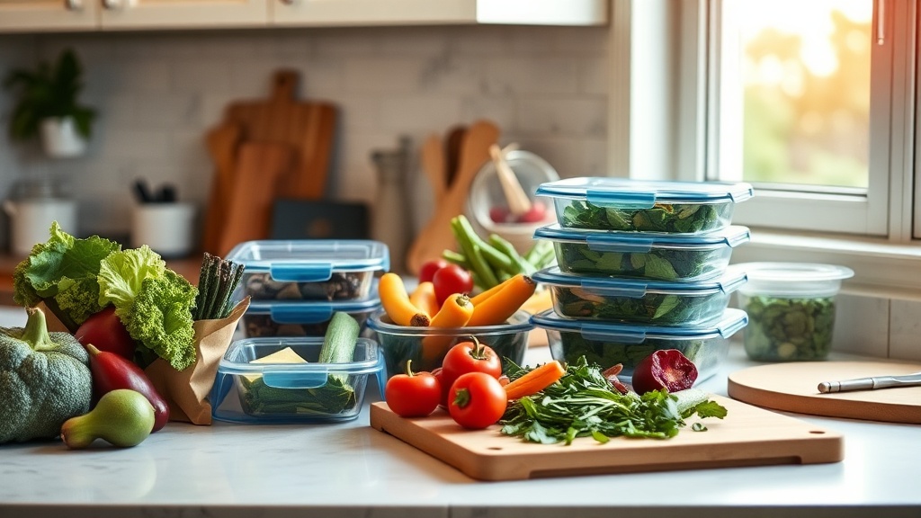 Organized kitchen countertop with fresh ingredients and meal prep containers