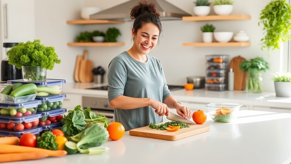 A person happily preparing fresh ingredients in a clean kitchen