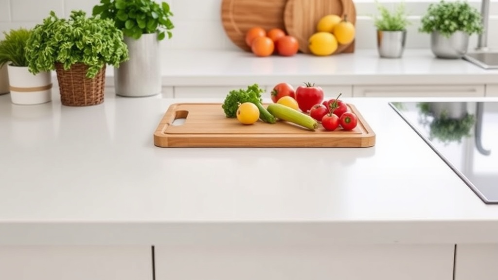 Organized kitchen countertop with fresh vegetables and a cutting board