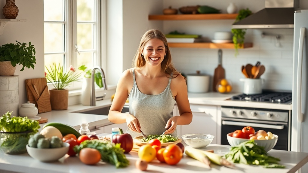 New mom cooking in a bright, organized kitchen