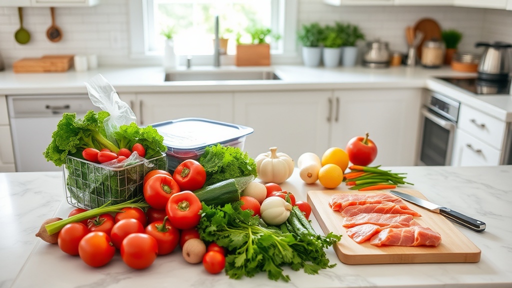 Organized kitchen countertop with fresh ingredients for meal prep