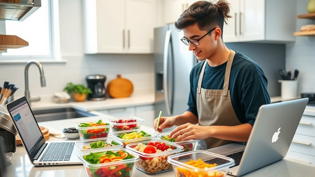 Student meal prepping in a modern kitchen