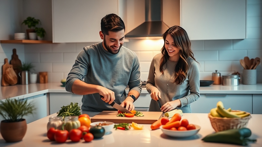 Couple cooking together in a cozy kitchen