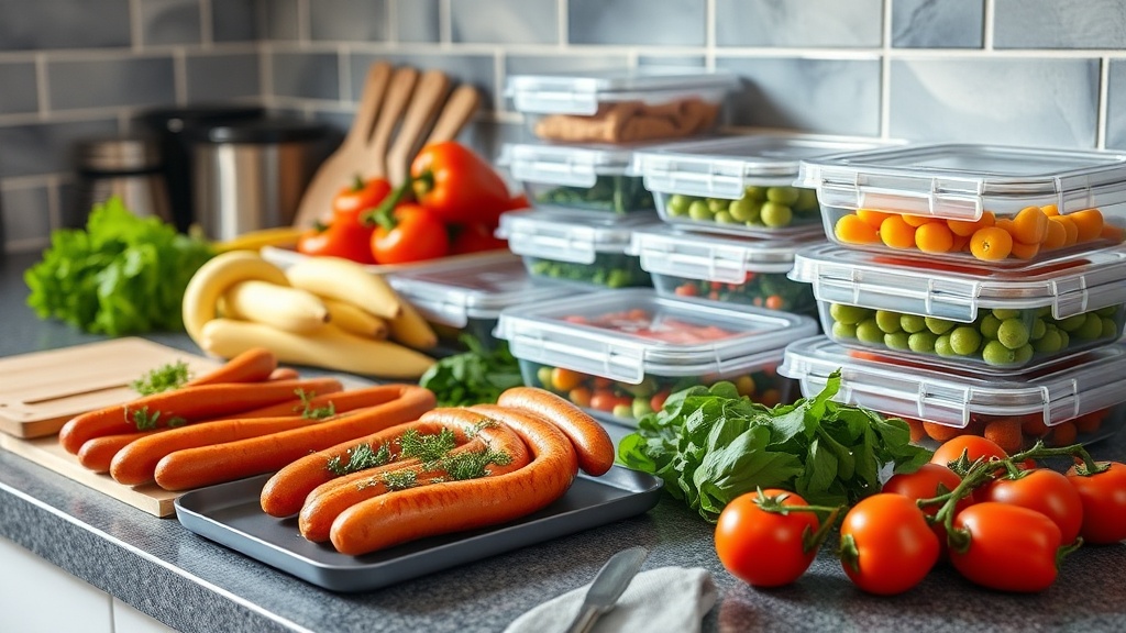 Organized kitchen countertop with Italian sausages and vegetables for meal prep
