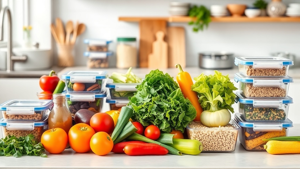 Organized kitchen countertop with fresh ingredients for meal prep