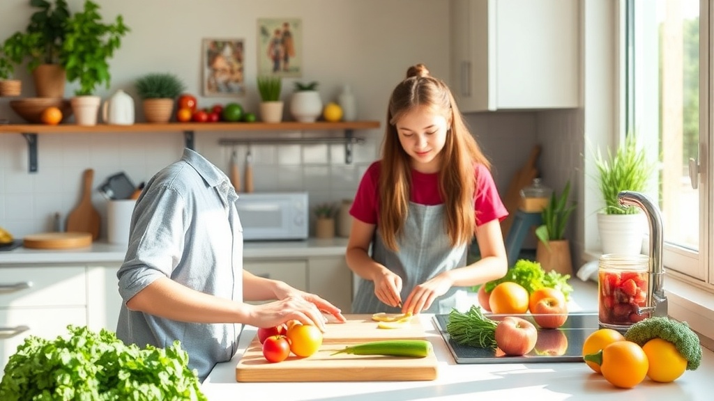 Teen cooking in a bright kitchen with fresh ingredients