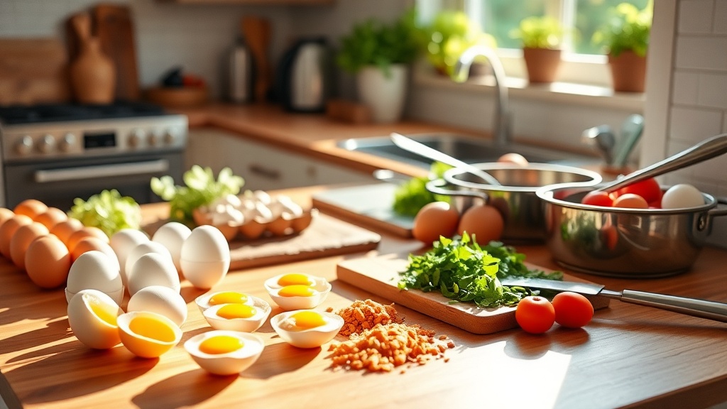 A well-organized kitchen prep area with ingredients for egg-based meals