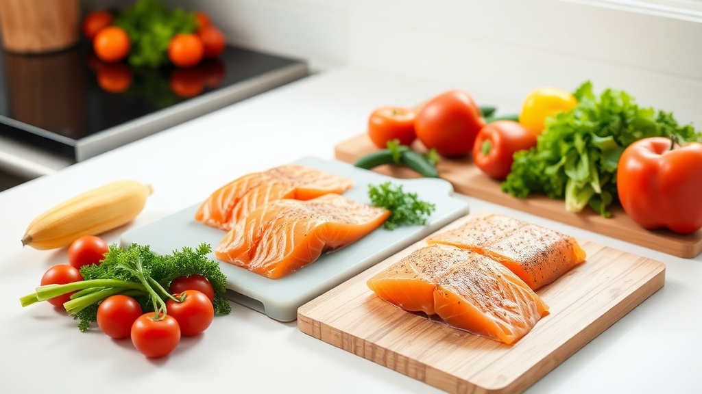 Clean kitchen countertop with salmon and fresh vegetables for meal prep
