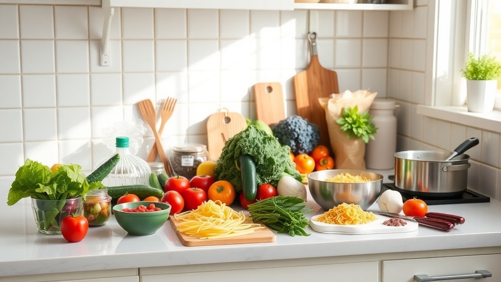 Clean kitchen countertop with fresh meal prep ingredients