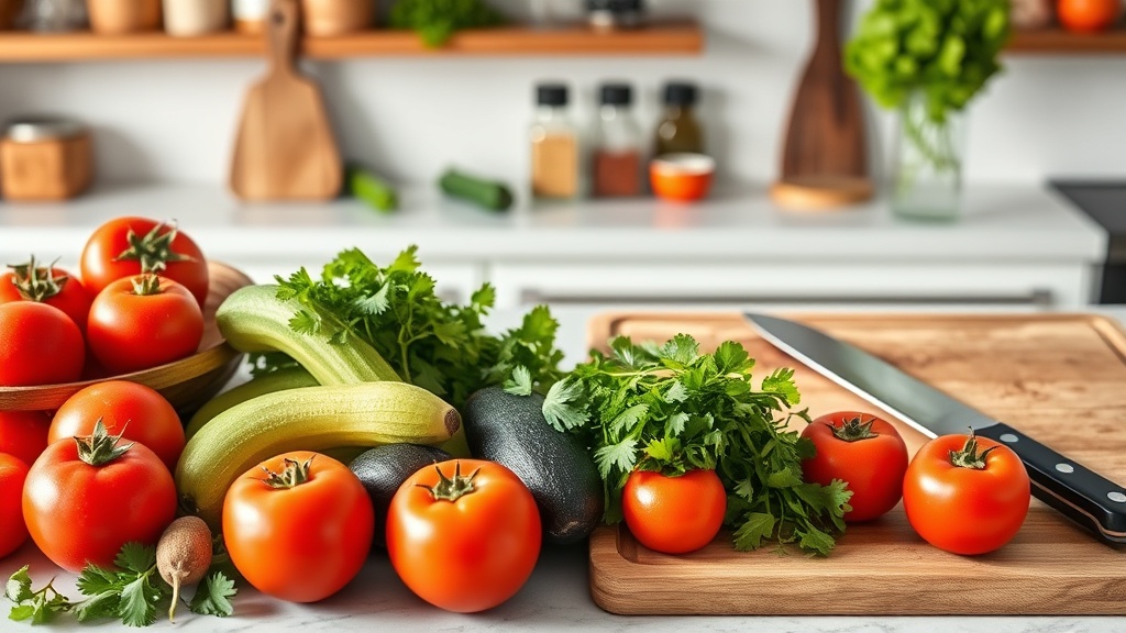 Organized kitchen countertop with fresh Mexican ingredients for meal prep