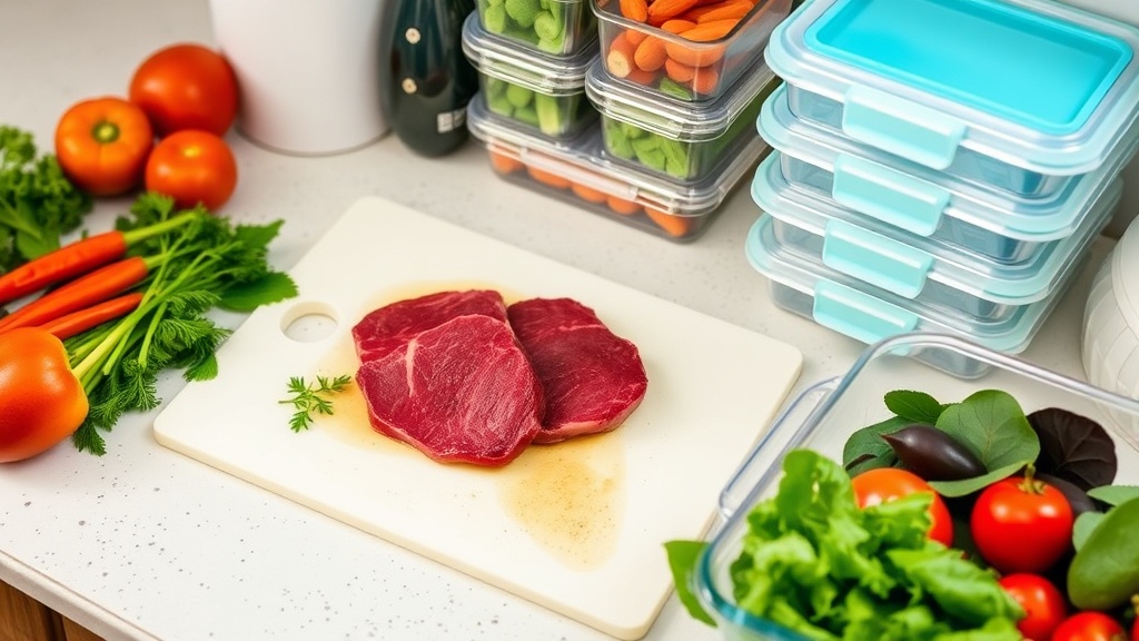 Organized kitchen counter with flank steak and vegetables for meal prep