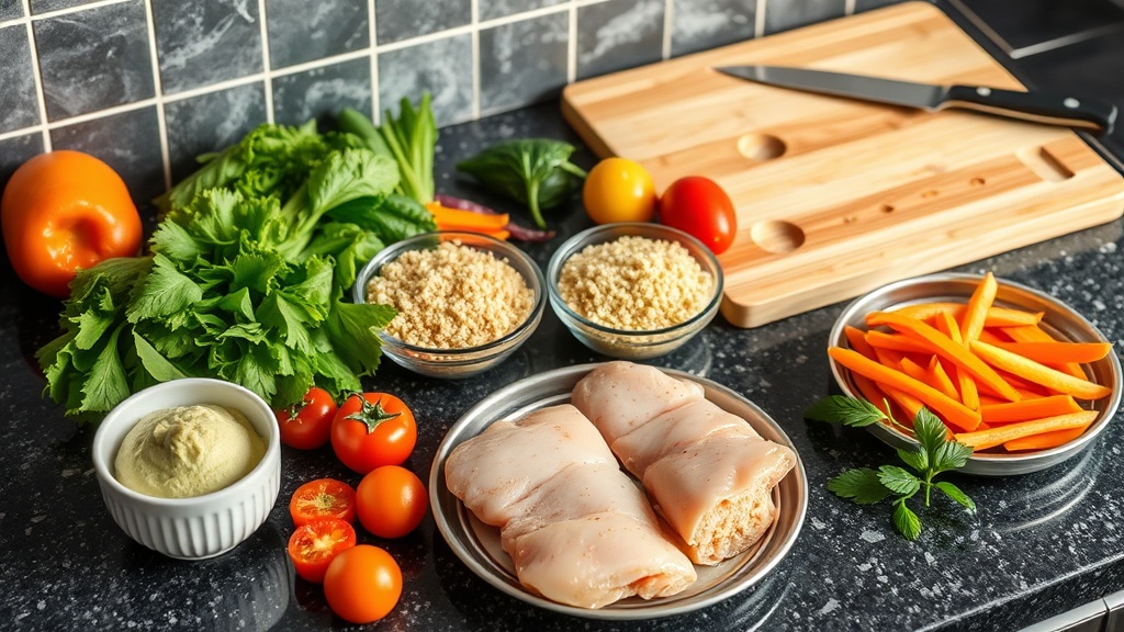Organized kitchen countertop with ingredients for protein-rich meal prep