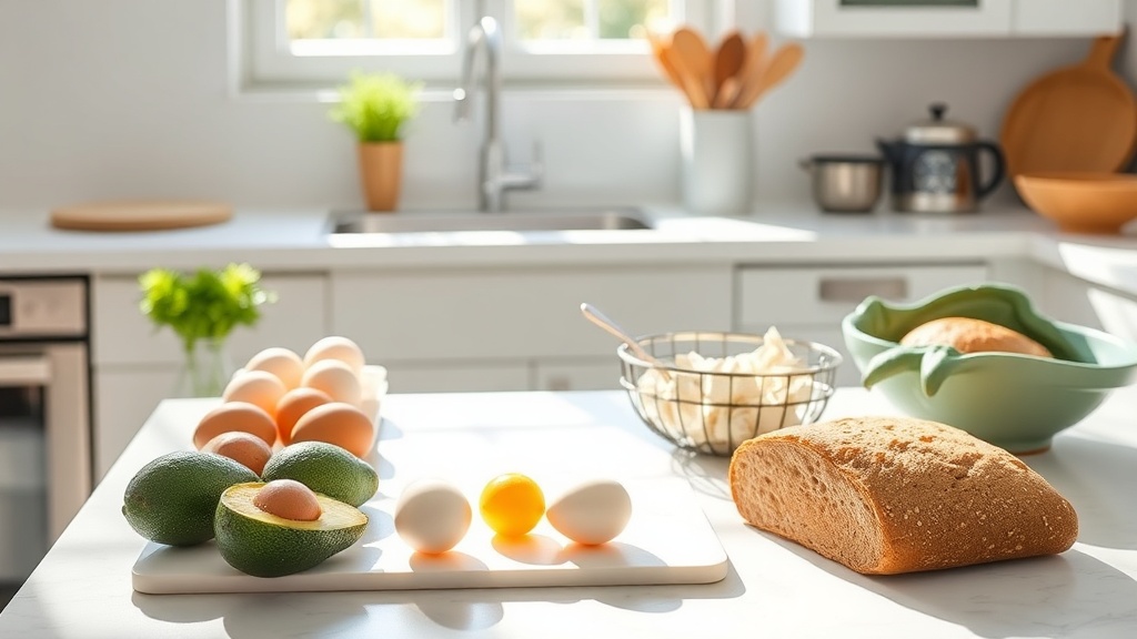Bright kitchen with healthy breakfast ingredients on a clean prep surface