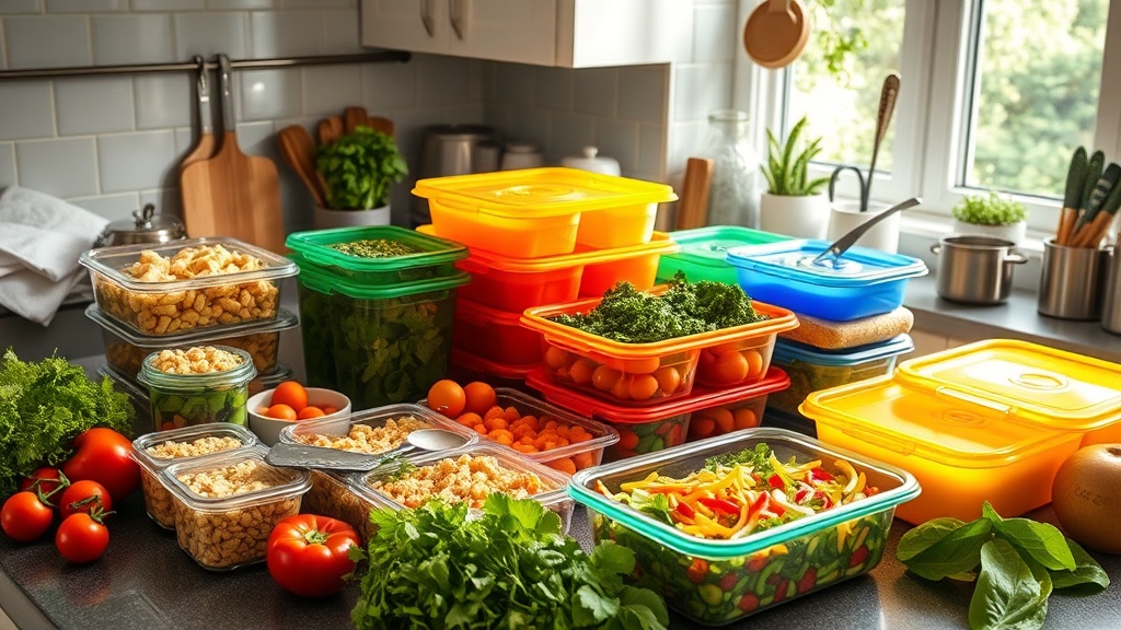 Colorful meal prep containers on a kitchen countertop