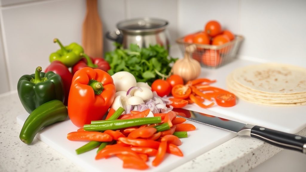 Organized kitchen countertop with fresh fajita ingredients
