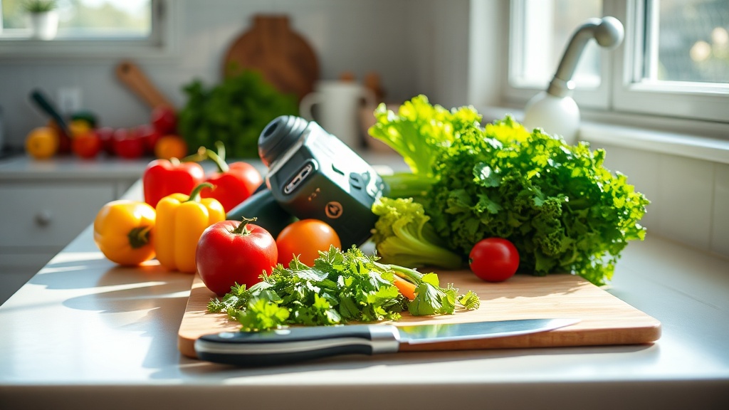 Organized kitchen countertop with fresh vegetables and a cutting board