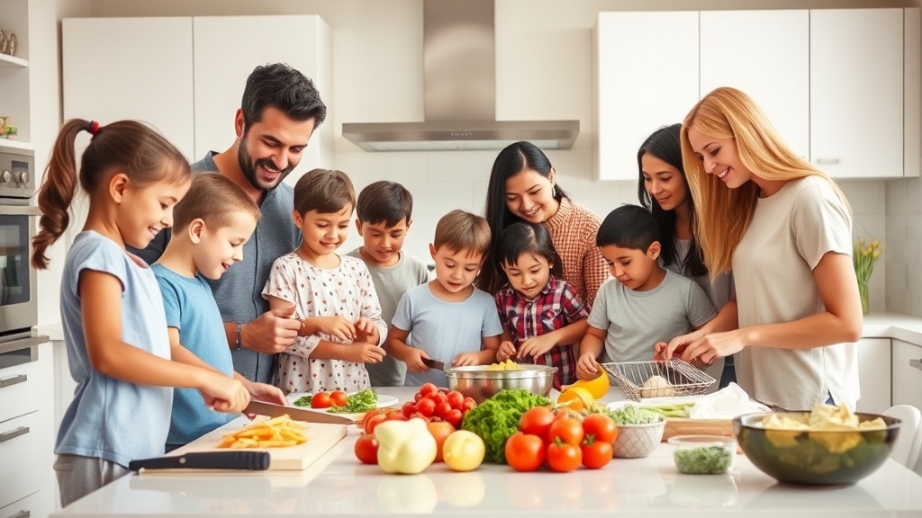 A large family cooking together in a modern kitchen