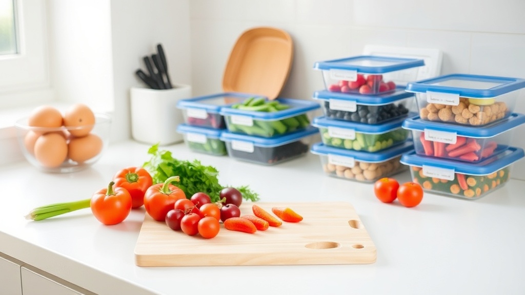 Organized kitchen countertop with fresh ingredients for meal prep
