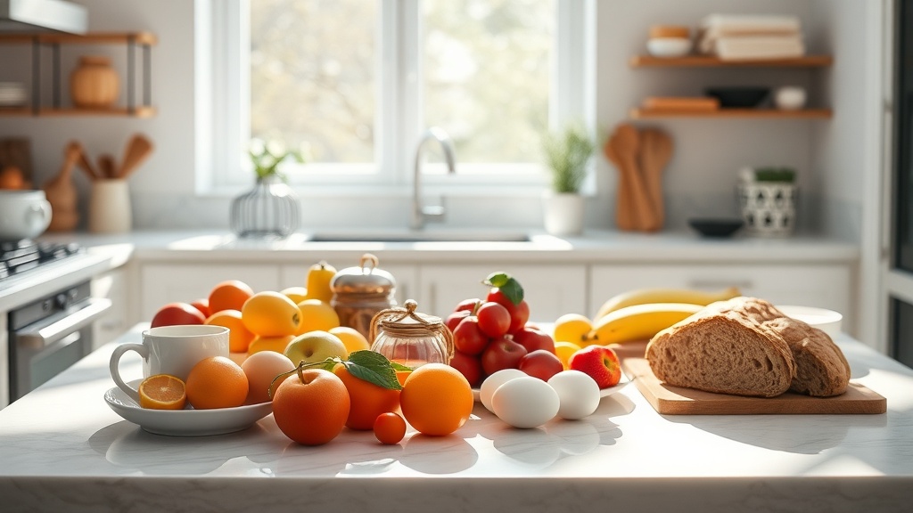 A serene morning kitchen scene with a tidy prep area and fresh breakfast ingredients.