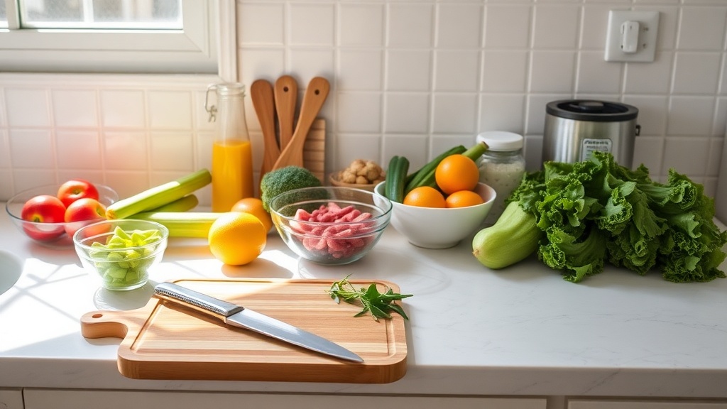 Organized kitchen countertop with fresh ingredients for meal planning