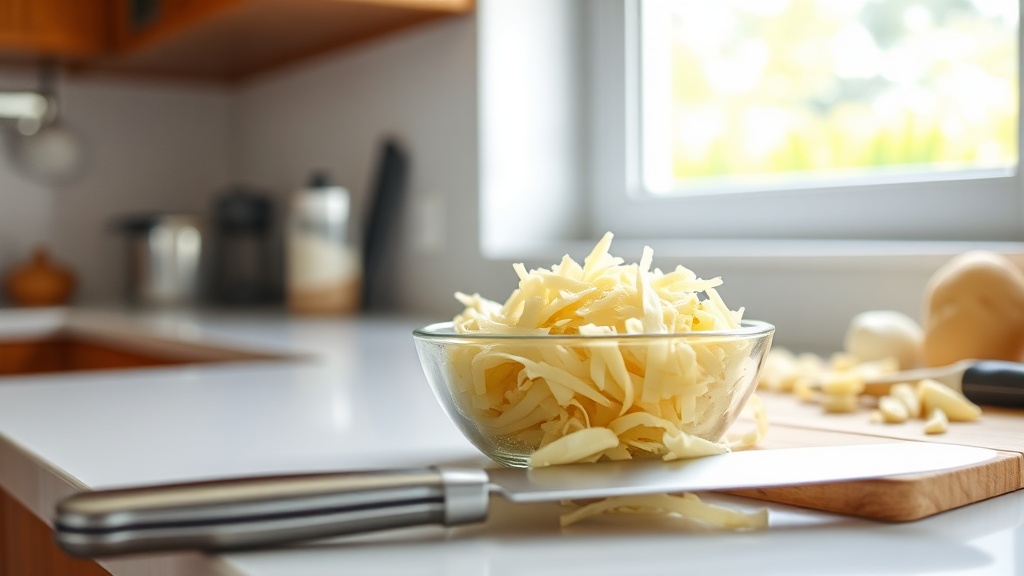 Freshly prepared hashbrown ingredients on a kitchen countertop