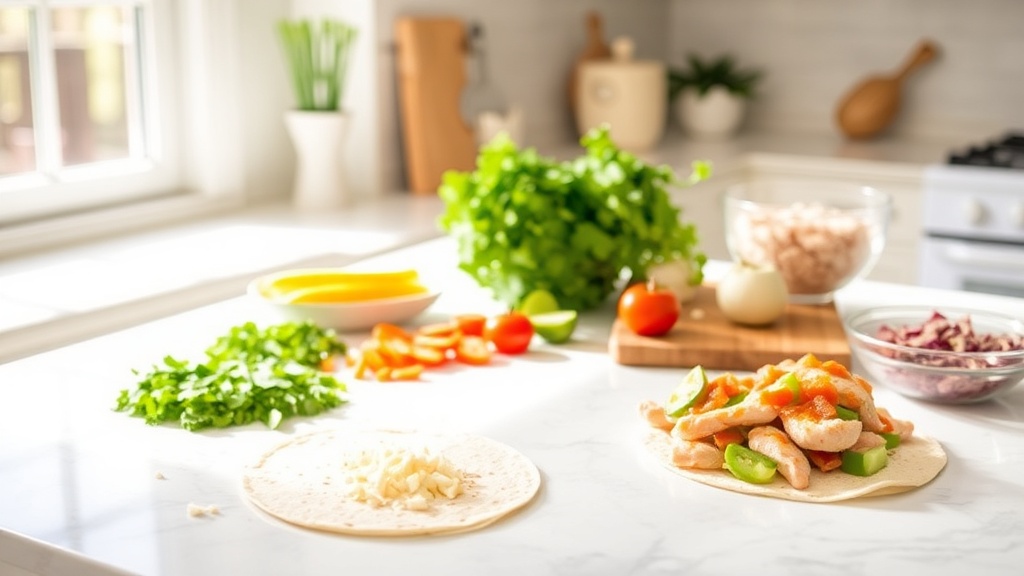 A kitchen countertop with fresh ingredients for chicken tacos