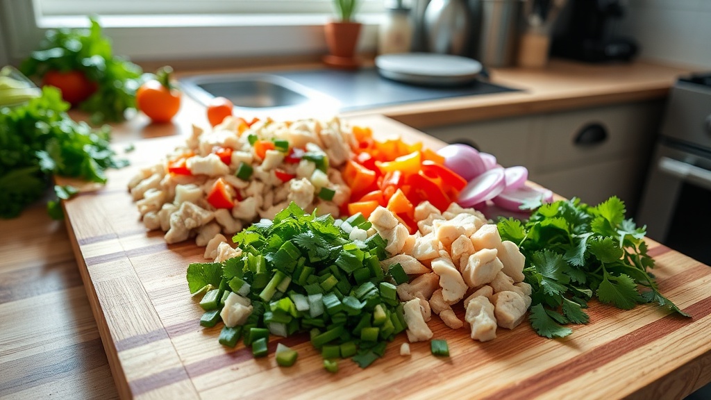 Fresh ingredients for chicken burritos on a wooden cutting board in a bright kitchen