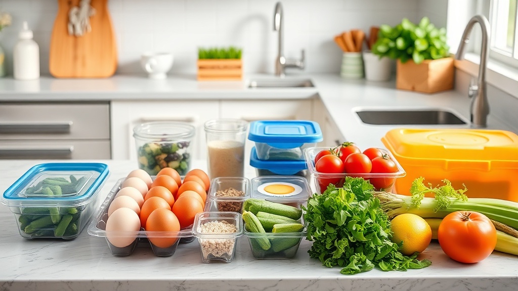 Organized kitchen countertop with fresh breakfast ingredients