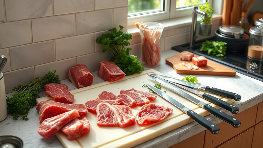 Organized kitchen countertop with meat preparation tools and ingredients