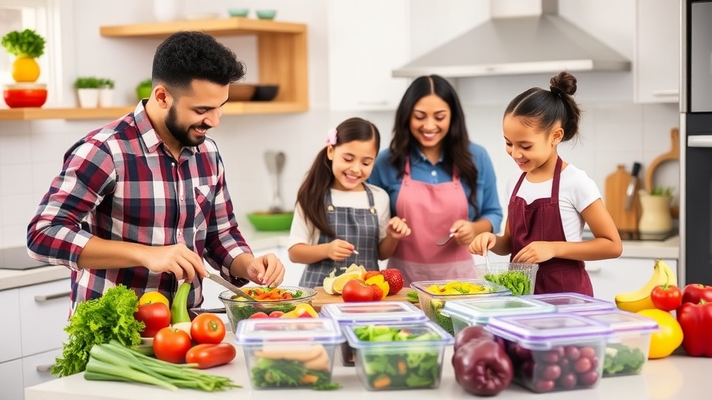 Family cooking together in a bright kitchen