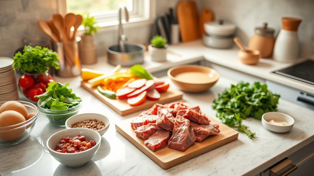 Organized kitchen countertop with ingredients for Korean beef meal prep