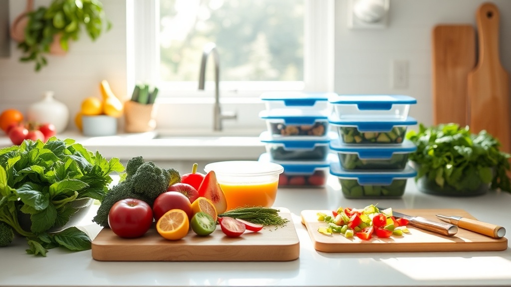 Organized kitchen countertop with fresh ingredients and meal prep containers