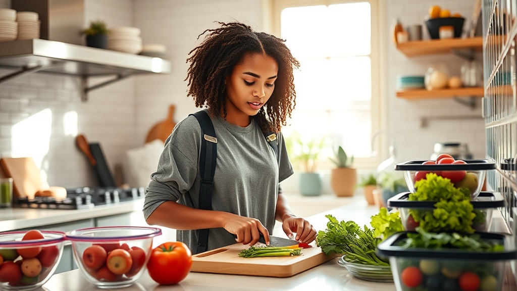 College student meal prepping in a bright kitchen