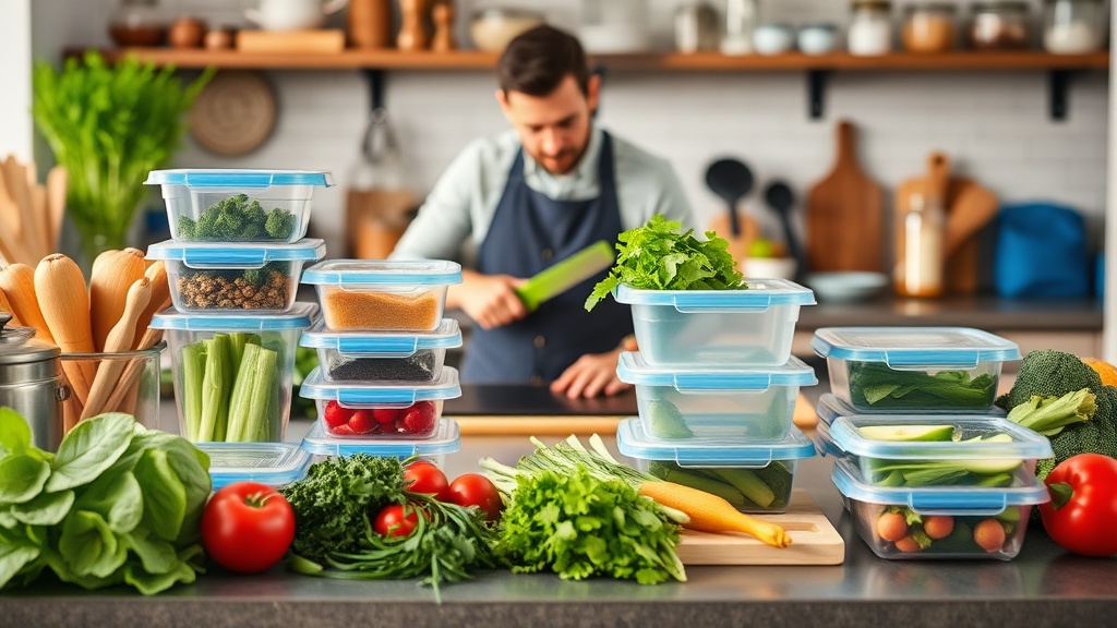 Man meal prepping in a clean kitchen with fresh ingredients